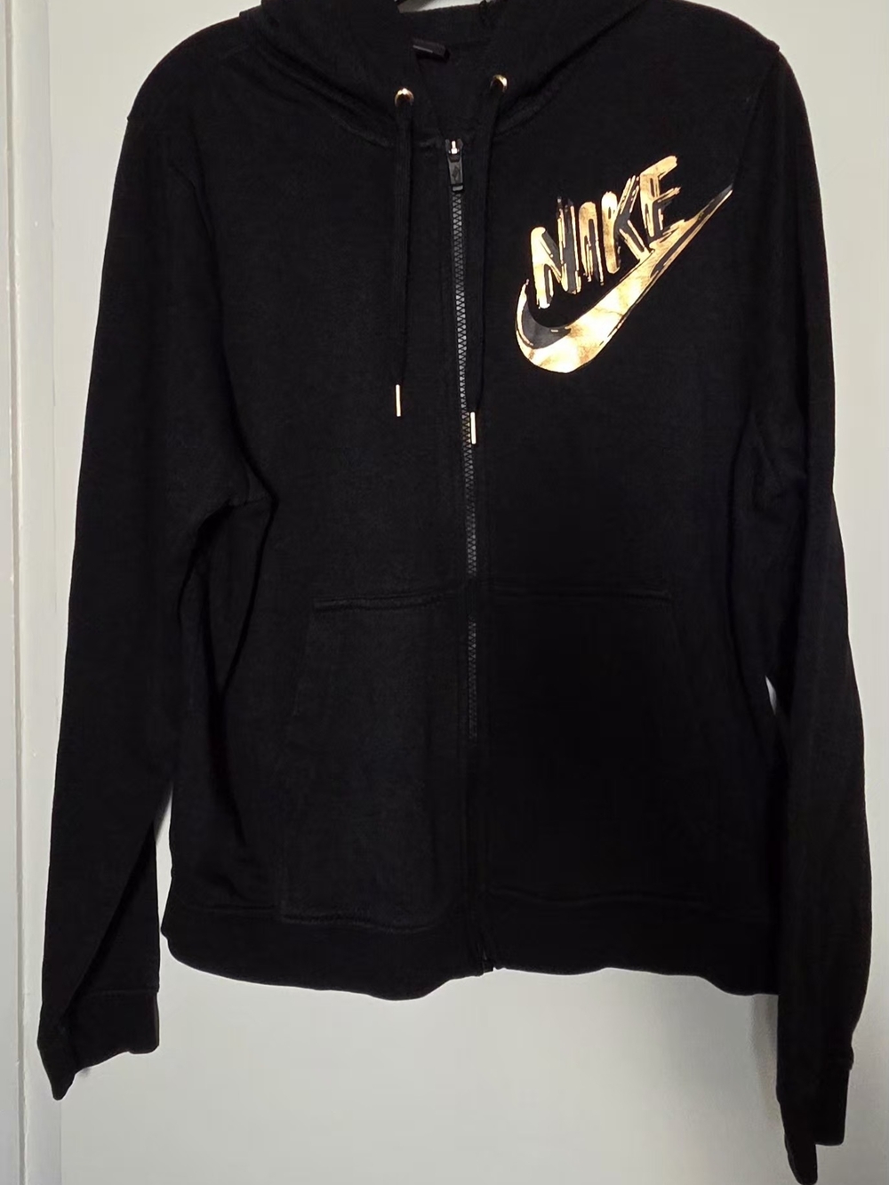 Nike Women's Black Zip Hoodie with Metallic Gold Logo